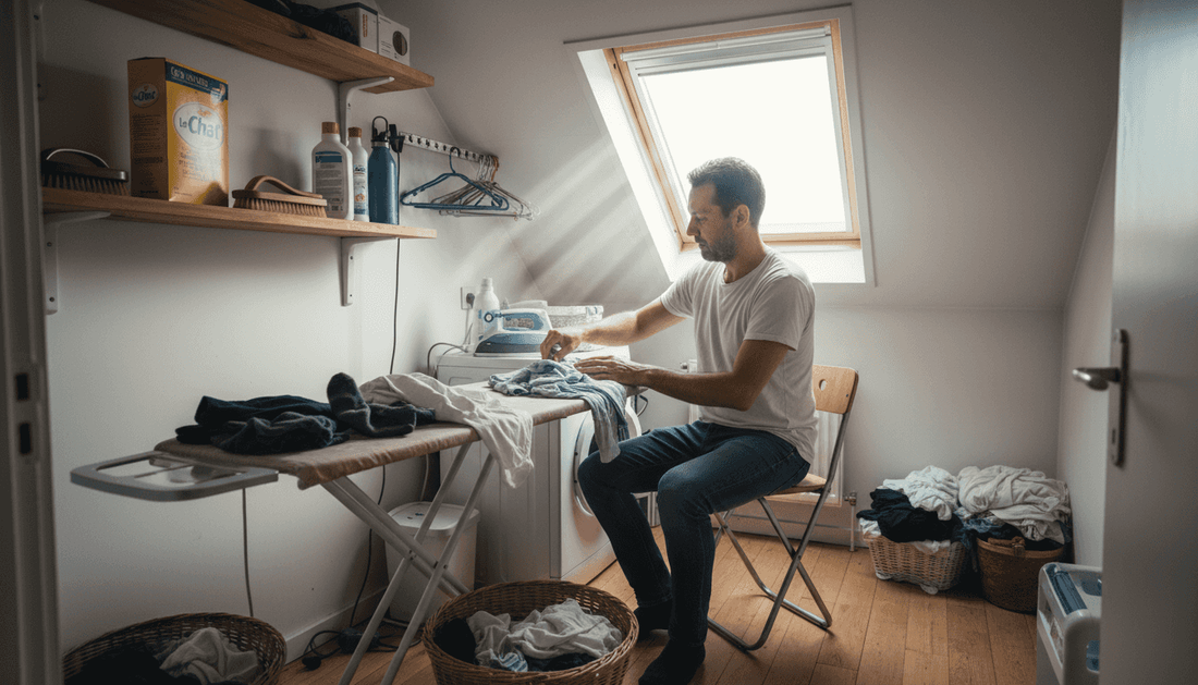 Un jeune homme aménage astucieusement une petite buanderie