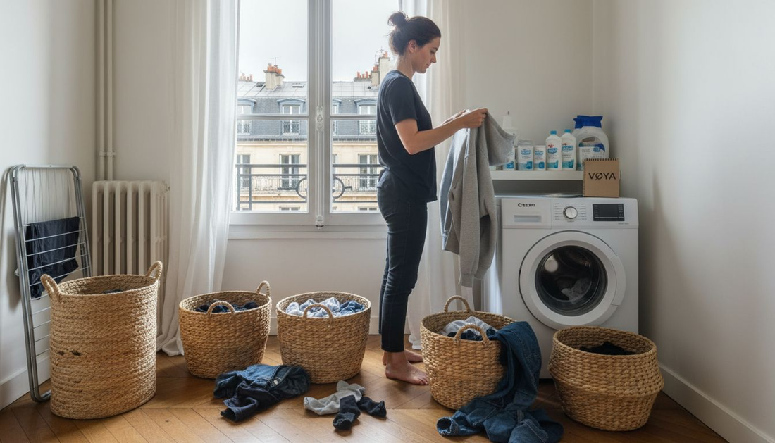 Dans son appartement en ville, une femme trie son linge avant de lancer une machine.