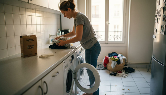 Une femme fait sa lessive avec un savon solide dans son appartement.