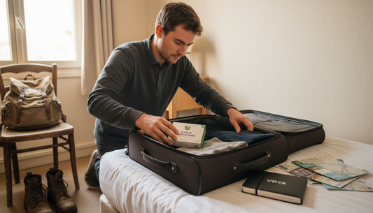Un globe-trotteur glisse sa lessive écologique dans sa valise avant de partir à l’aventure.