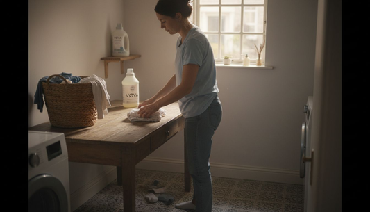 Une famille réunie autour de la table, en train de plier le linge propre juste sorti de la machine.