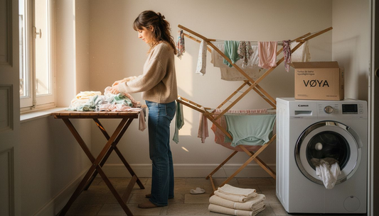 Dans son appartement parisien, une maman trie avec soin le linge fragile avant de le mettre à laver.