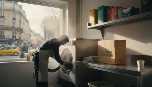 Un salarié en train de remplir une machine à laver avec une lessive respectueuse de l’environnement.