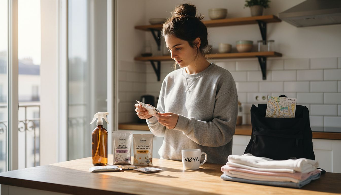 Une femme compare différentes solutions de lessive sans eau chez elle avant de faire son choix.