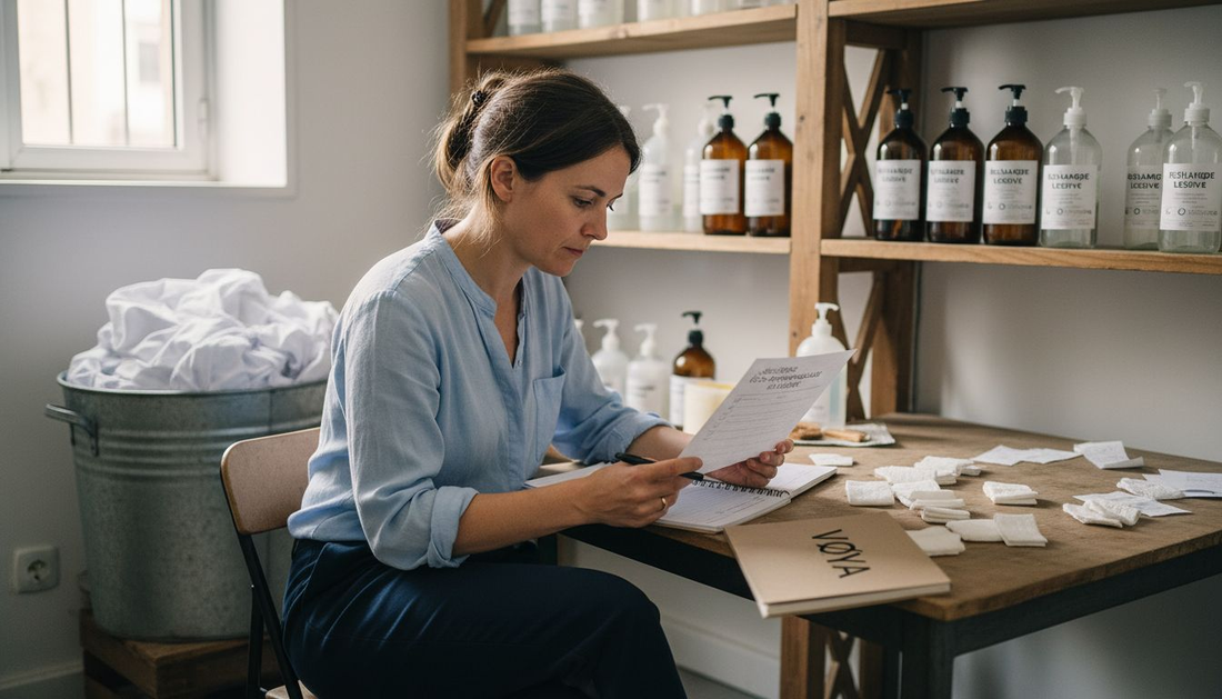 Une femme passe en revue une liste de contrôle écologique dans un pressing.