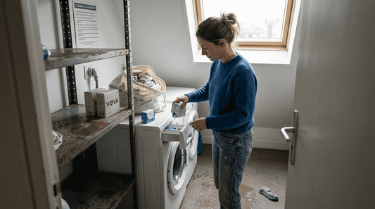 Ambiance d’une laverie urbaine, où une lessive ultra-concentrée fait la différence.