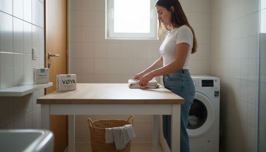 Une femme s’affaire à plier le linge, installée dans une salle de bain contemporaine.