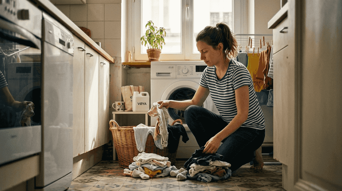 Une femme trie son linge devant la machine à laver.