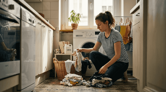 Une femme trie son linge devant la machine à laver.