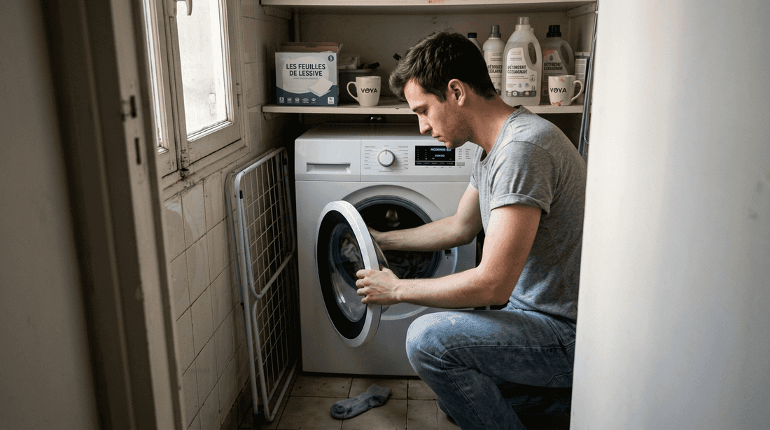 Un homme charge une petite machine à laver dans son appartement, optimisant l’espace réduit de son logement.