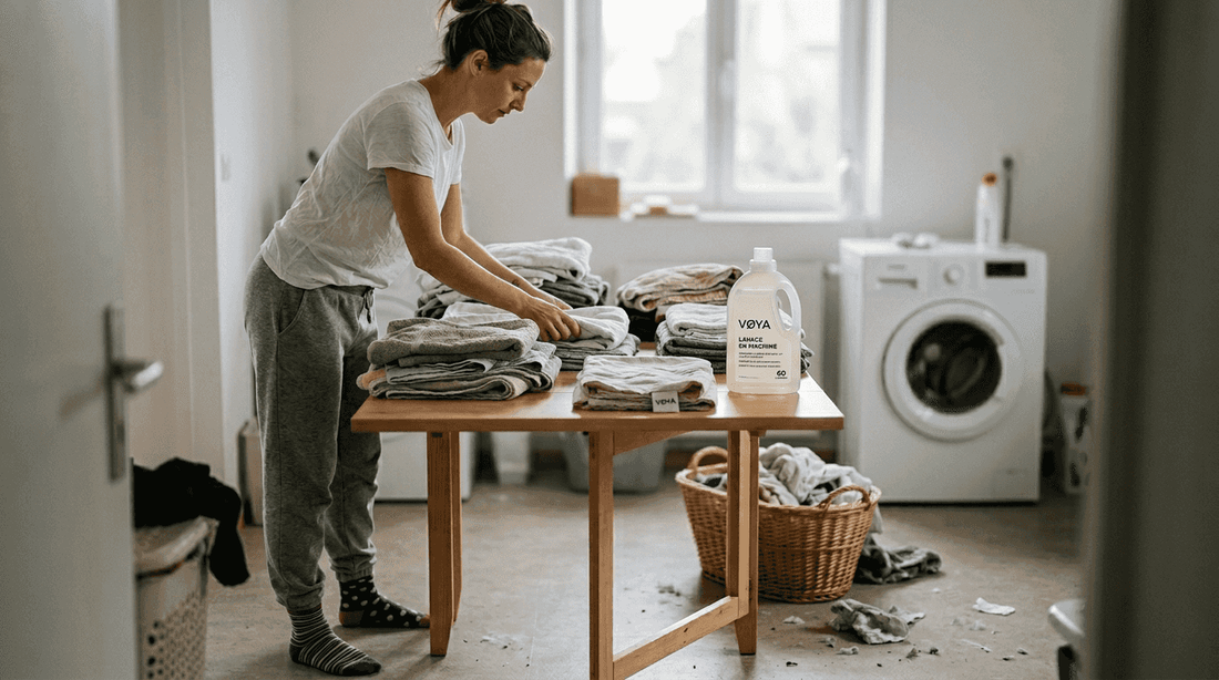 Une femme s'apprête à laver du linge pour garantir une hygiène impeccable de ses textiles.