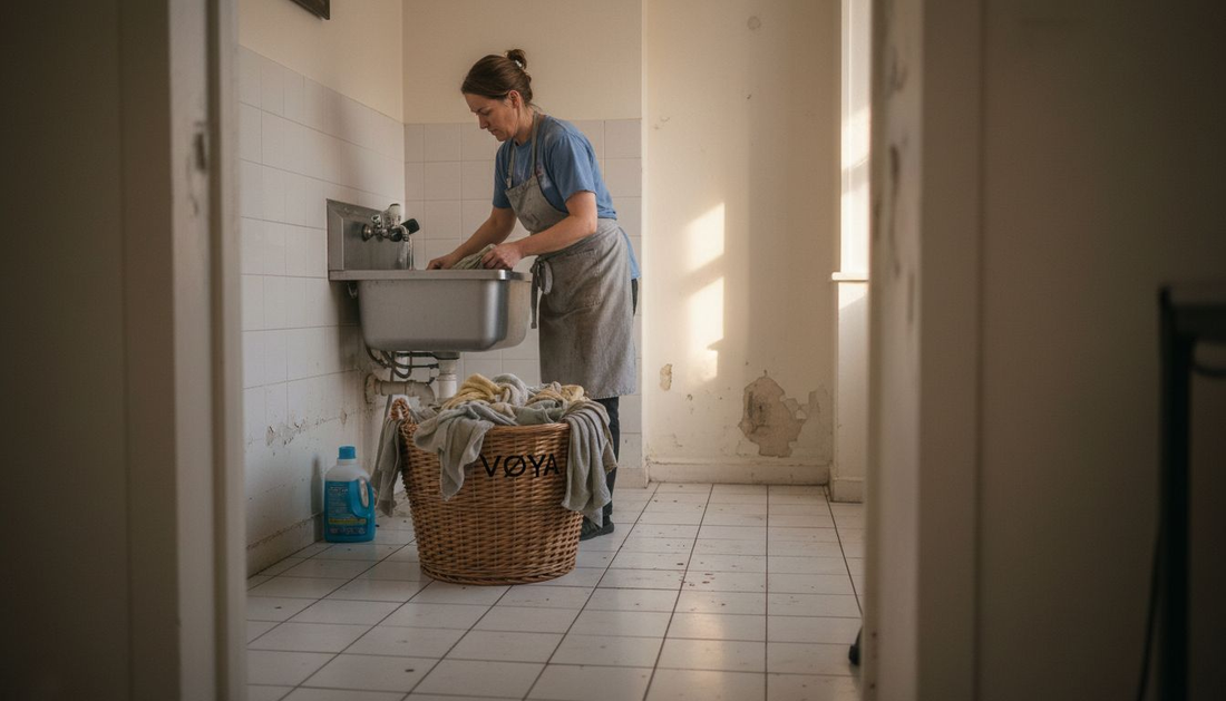 La coiffeuse trie le linge à laver au salon.