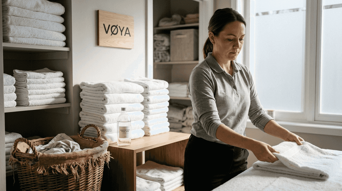 Dans une buanderie baignée de calme, un employé du spa plie soigneusement les serviettes, prêtant attention à chaque détail pour offrir une expérience irréprochable aux clients.