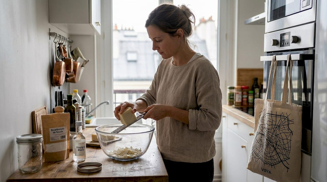 Dans sa cuisine citadine, une femme prépare sa lessive maison, respectueuse de l’environnement.