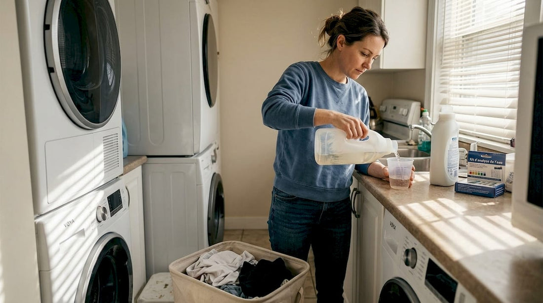 Une femme dose la lessive dans sa cuisine.
