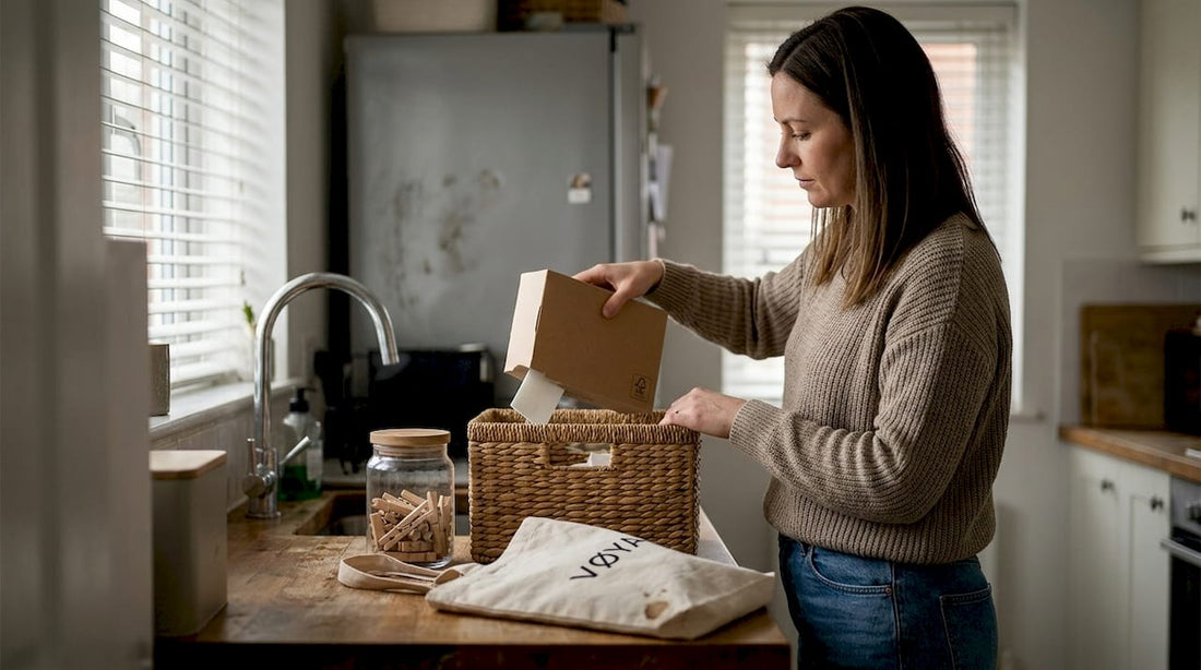 Une femme trie les emballages de lessive certifiés FSC dans sa cuisine.