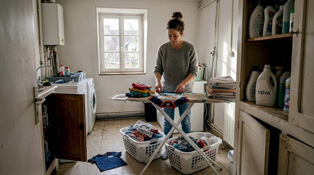 Une femme en train de trier le linge dans sa buanderie à la maison.