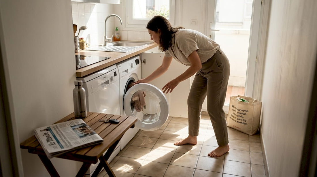 Une femme met son linge dans une machine à laver économique, dans son appartement.