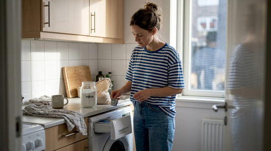 Dans son appartement en ville, une femme privilégie une lessive écologique pour prendre soin de l’environnement au quotidien.