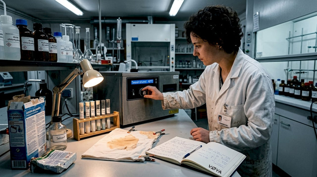 Un technicien contrôle la qualité des textiles dans un laboratoire spécialisé en produits de lessive.