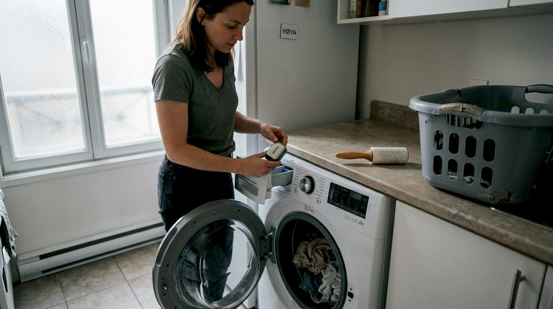 Une femme profite d'une lessive innovante pour prendre soin de son linge à la maison.