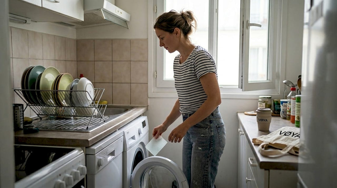 Une femme prépare sa lessive compacte dans la cuisine, profitant de l’espace pour mélanger et organiser son linge.