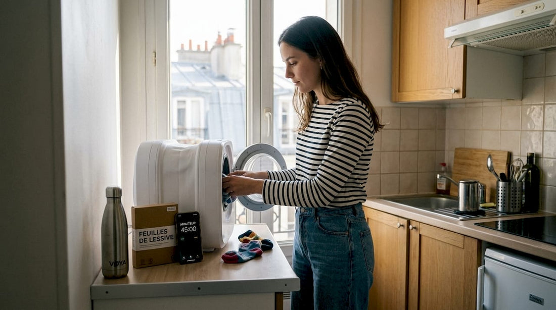 Une femme fait sa lessive dans un studio grâce à une machine à laver compacte.