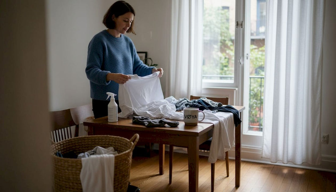 Une femme s’occupe de trier son linge dans son appartement en ville.