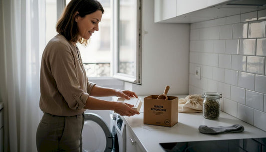 Une femme utilise un emballage lessive écoresponsable et épuré dans sa cuisine.