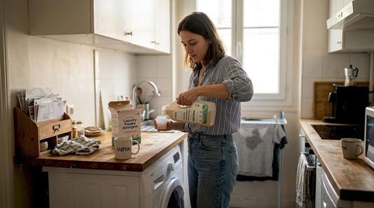 Une jeune femme adopte des solutions de lessive écologiques dans son appartement en ville.