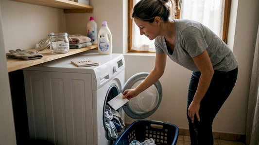 Une femme prépare sa lessive en plaçant une feuille de détergent devant son lave-linge.