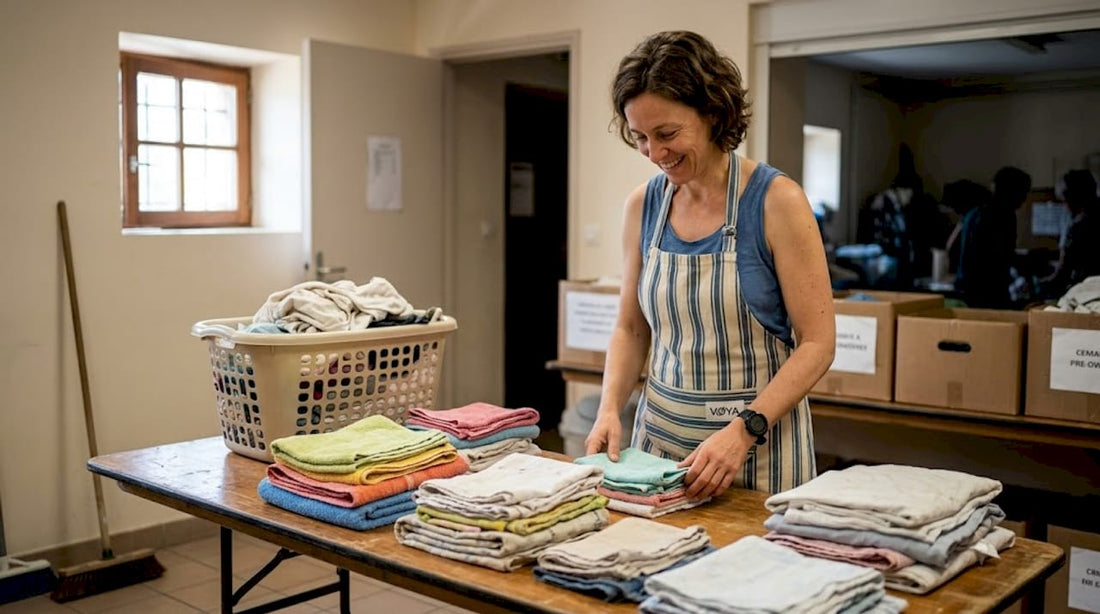 Un bénévole s’occupe du tri des vêtements donnés dans la buanderie de l’association.