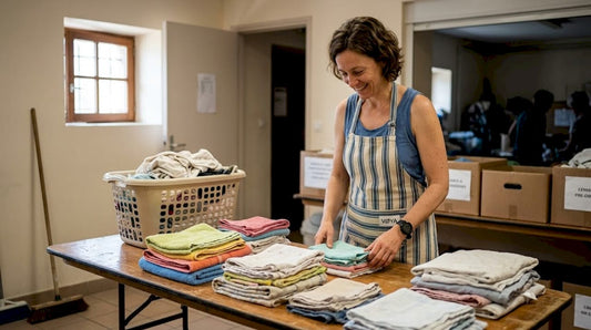 Un bénévole s’occupe du tri des vêtements donnés dans la buanderie de l’association.