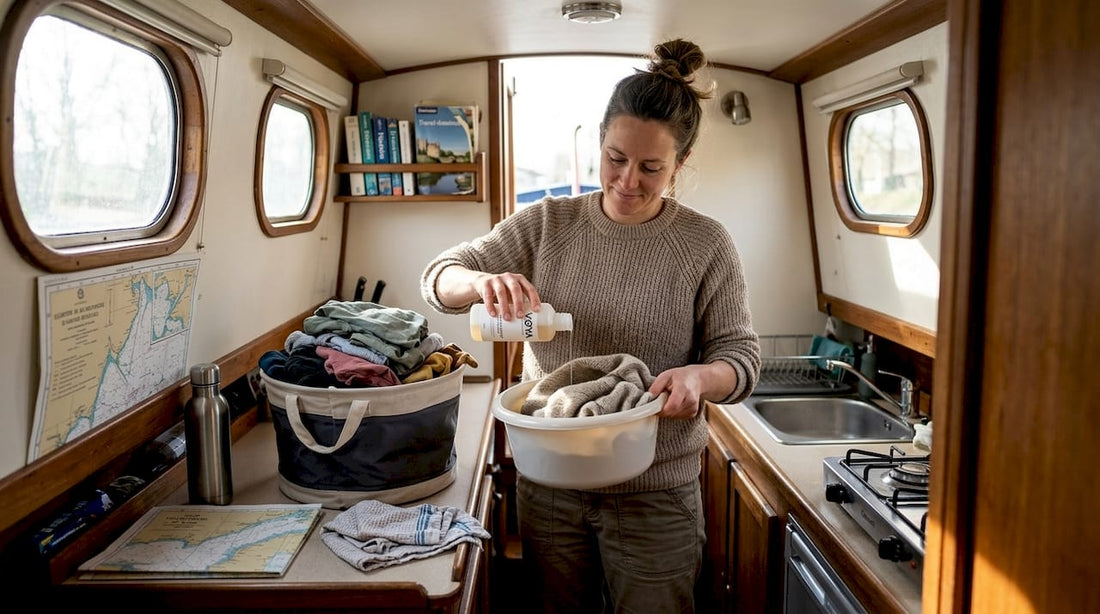 Faire le tri du linge dans la petite cuisine d’une pénichette, c’est tout un art : entre les sacs de vêtements, la machine à laver minuscule et le manque de place, il faut s’organiser pour ne pas envahir tout l’espace !