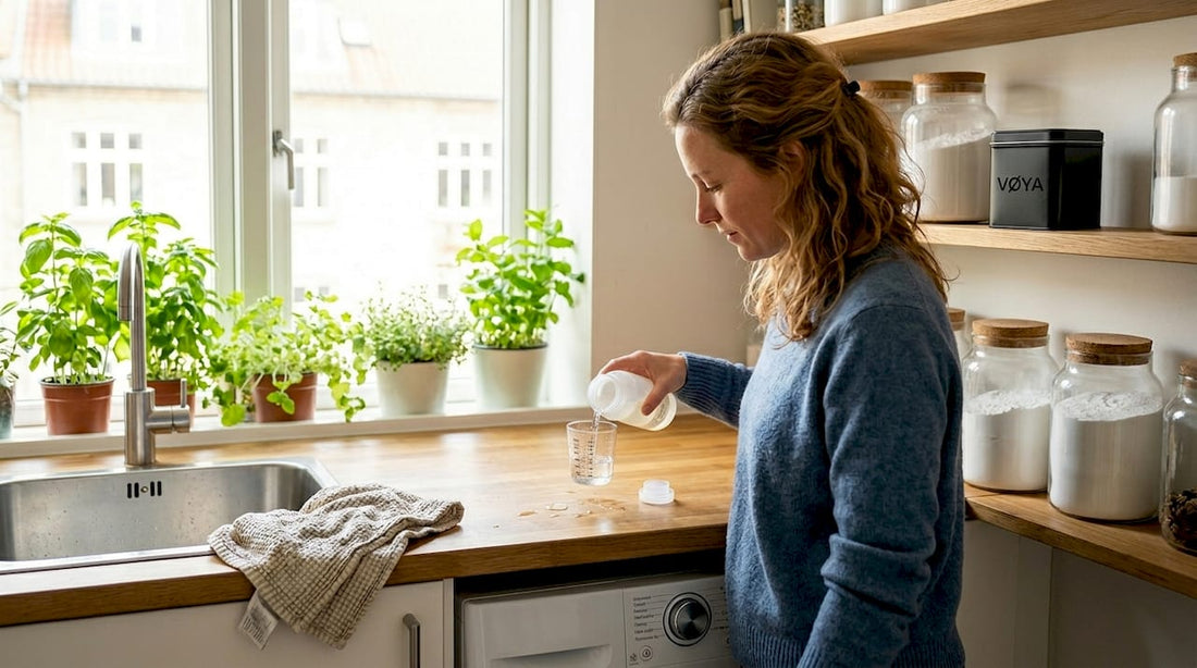 Une femme prépare sa lessive maison à base de plantes dans sa cuisine.