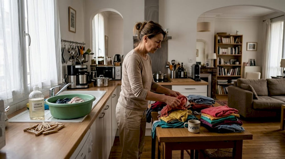 Une femme trie son linge de façon écoresponsable dans la cuisine.