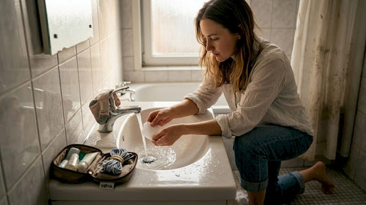 Kit de lessive de voyage en action dans le lavabo de l’hôtel.