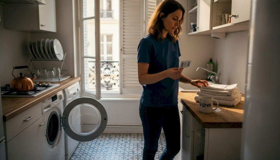 Une personne utilise une feuille de lessive compacte dans une petite cuisine.
