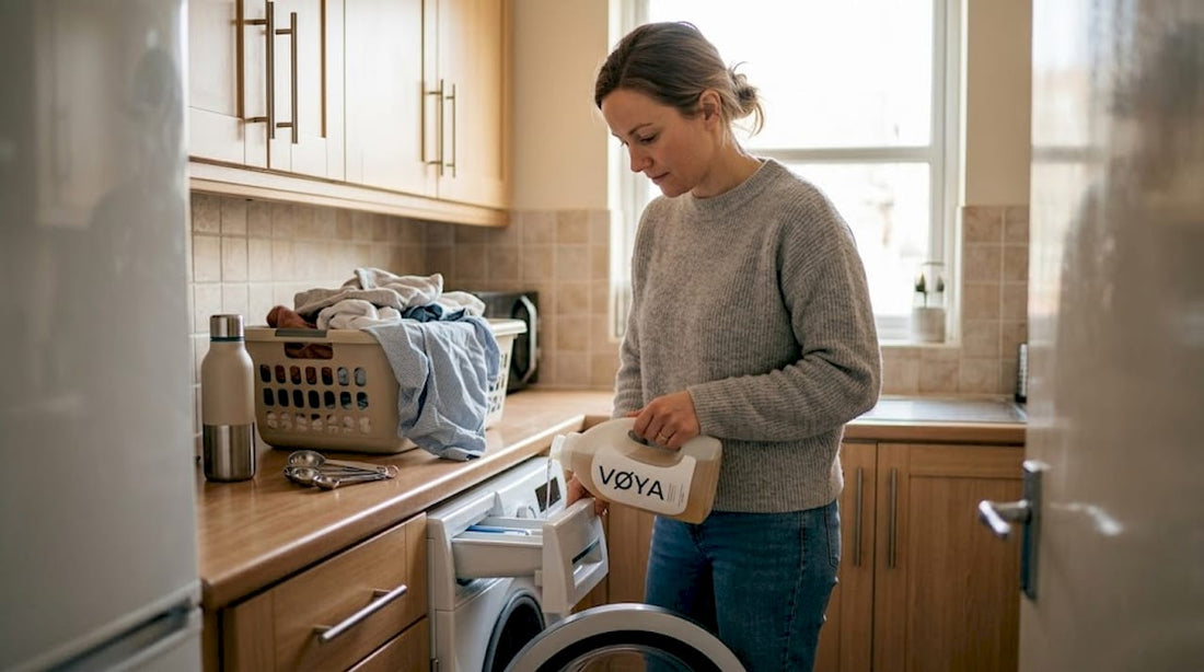 Une femme prépare une machine à laver en dosant la lessive, dans la cuisine.
