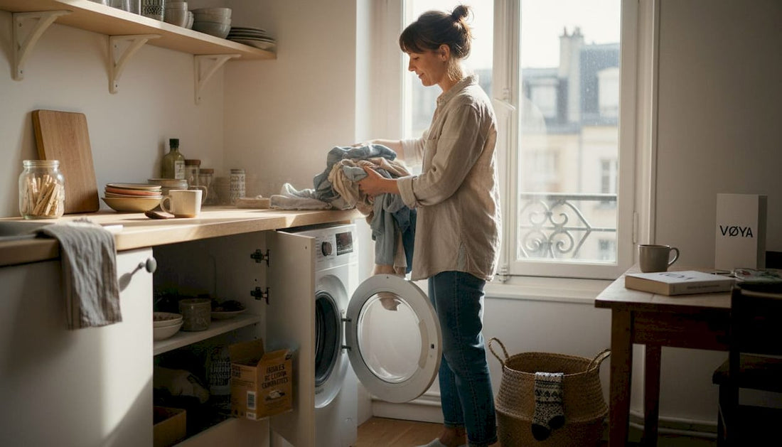 Petite séance de lessive dans un coin de l’appartement, typique de la vie en ville.