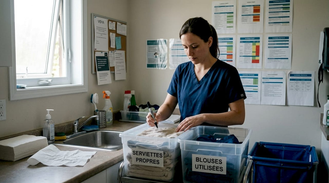 Une auxiliaire vétérinaire trie le linge dans la salle du personnel de la clinique.