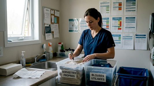 Une auxiliaire vétérinaire trie le linge dans la salle du personnel de la clinique.